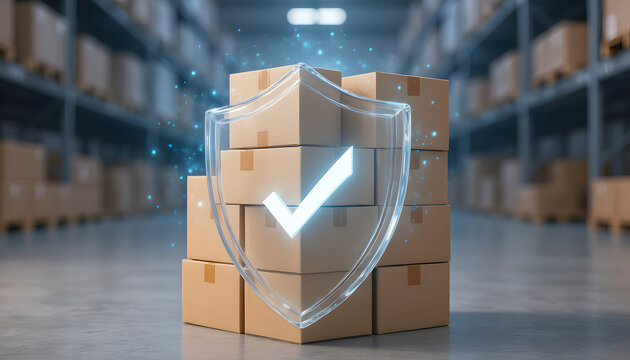 Glowing glass security shield with a white check mark covering a stack of cardboard boxes in a blurred warehouse, representing secure digital logistics and cargo insurance.