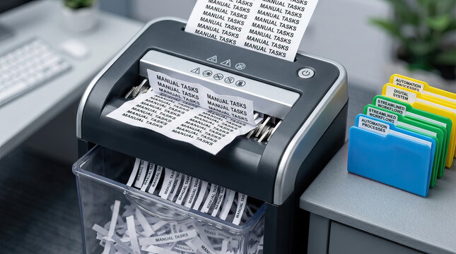 Paper shredder destroying documents labeled manual tasks in office setting with colorful labeled file folders nearby, symbolizing workflow and automation processes