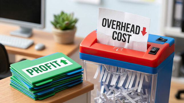 Overhead cost paper being shredded in machine next to stack of green folders labeled profit, symbolizing reducing expenses and increasing earnings in office setting
