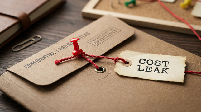 Confidential project file with red pushpin and tag labeled cost leak on wooden desk, symbolizing financial risk and data security concerns in business management