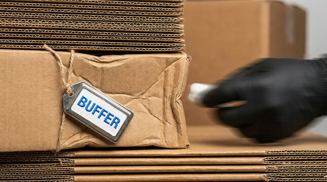 Buffer zone concept with stacked cardboard boxes and hand wearing black glove holding marker, showing protection and space for handling fragile items carefully