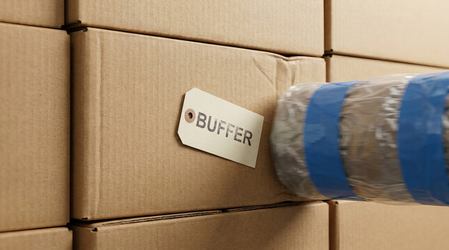 Buffer label on cardboard box with padded protection for shipping and handling fragile items carefully to avoid damage
