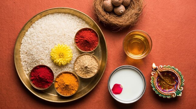 Abhyanga Snan on first day of Diwali - special herbal bath with ubtan or Utne, a mix herbal powder to have bath and scrub on the occasion of Diwali, selective focus