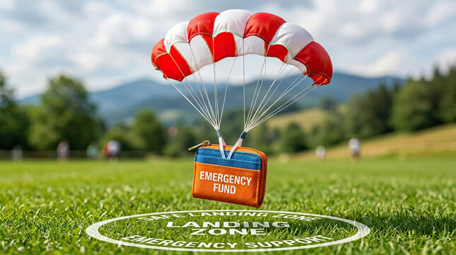 Emergency fund concept with small parachute carrying wallet landing on grassy field in designated landing zone for emergency support, symbolizing financial safety and preparedness