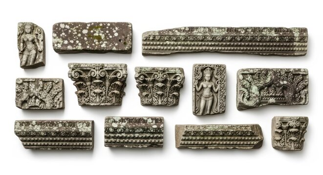 Ancient Khmer Stone Carvings Temple Architectural Fragments with Figures