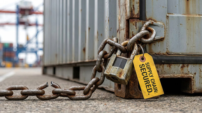 Supply chain secured tag with rusty padlock and chain on metal container door, symbolizing protection and safety in logistics and transportation industry