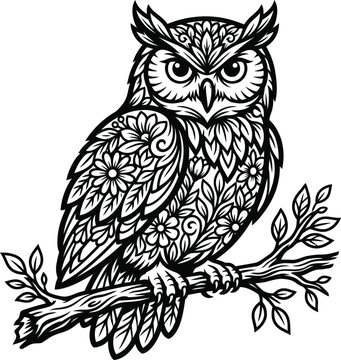 Intricate owl mandala vector illustration, floral patterned bird perched on a branch, black and white zentangle owl for coloring book art