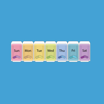Weekly pill organizer divided into seven color-coded compartments labeled from Sunday to Saturday (Sun, Mon, Tue, Wed, Thu, Fri, Sat). Each plastic container section holds two small medicinal capsules