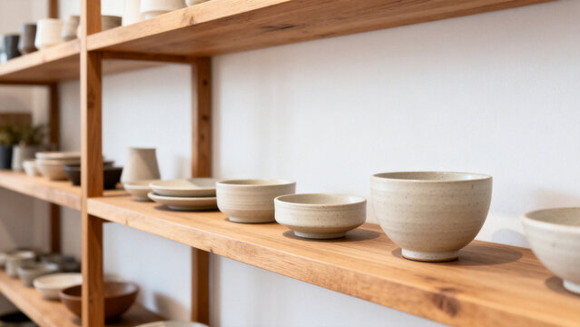 Independent retail display with ceramic pieces natural wood shelf local ret
