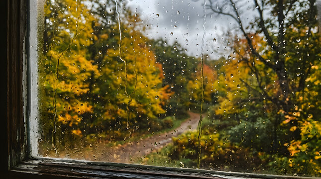 Rainy day view through window with autumn colors in nature