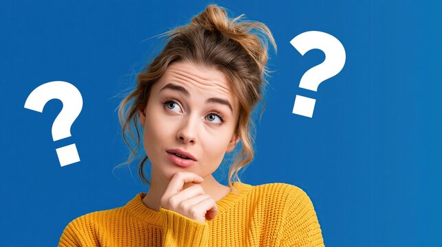 Young thinking woman in yellow sweater touching chin with hand looking up surrounded by white question marks on solid bright blue background showing doubt confusion and uncertainty concept
