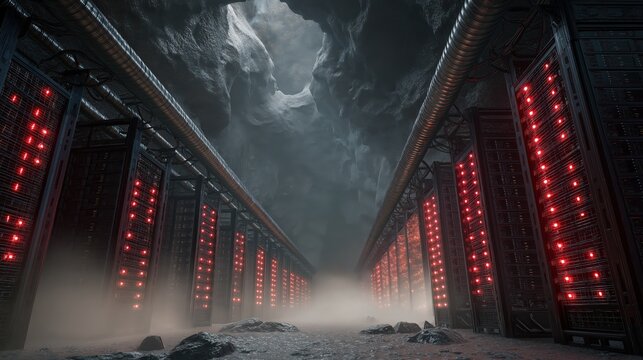 A futuristic underground data center with rows of illuminated servers extending into a rocky cave, surrounded by mist and rugged terrain.