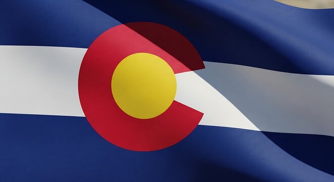 A blue flag with a yellow circle inside a red shape on a white stripe
