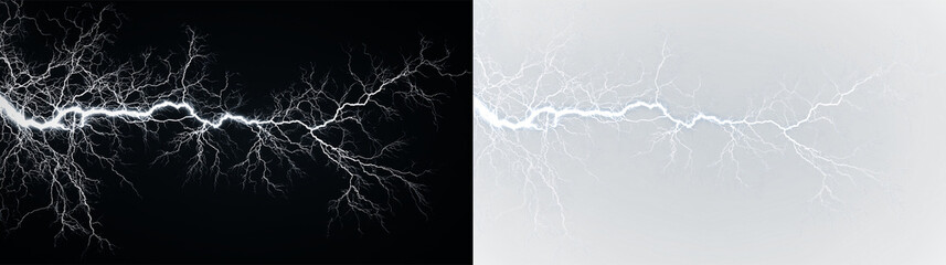 Blue and white lightning bolt with electric discharge isolated on transparent and black background creating a striking visual effect during stormy weather conditions, light overlay, PNG © Liubov