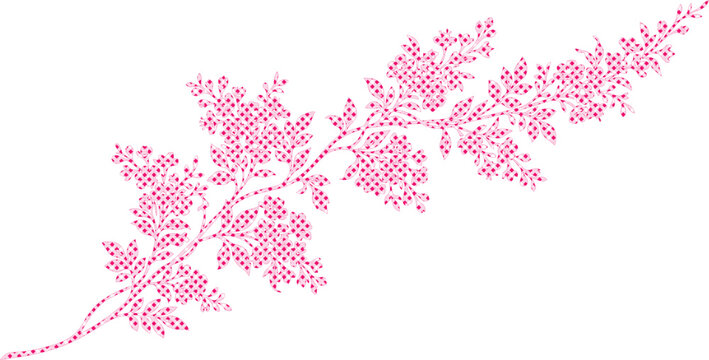 Delicate pink cross-stitch floral branch, intricate embroidered spring flower design, elegant botanical needlework vector art for craft projects isolated on White Background