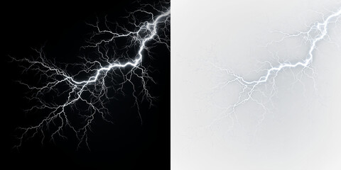 Blue and white bright lightning bolt striking down with isolated on transparent and black background for design use and creative projects, light overlay, PNG © Liubov