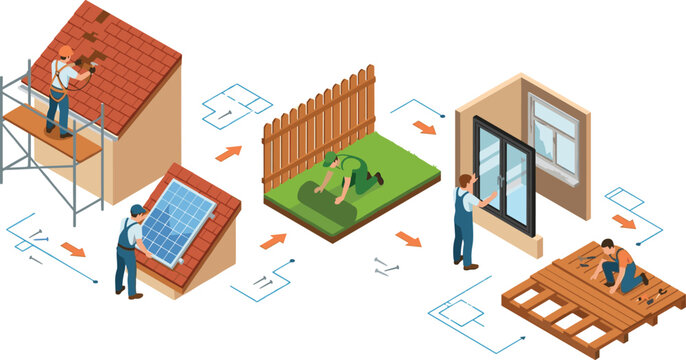 Home renovation and house construction isometric infographic featuring builders repairing roof tiles installing solar panels landscaping lawn window installation and wooden deck building vector