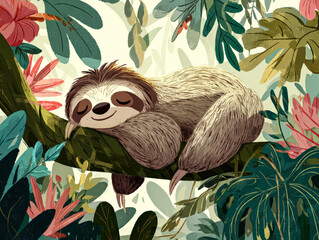 Fototapeta premium Sloth Sleeping on Tree Branch in Lush Jungle Illustration