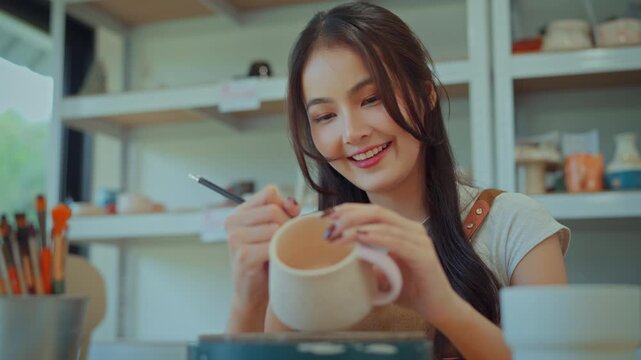 Asian woman painting ceramic art and pottery designs in her studio &ndash; happy artisan potter sitting with handmade tools, enjoying sculpting process and creative small business lifestyle