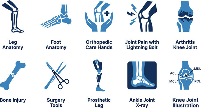 Knee joint arthritis and orthopedic health icons collection with prosthetic leg surgery tools and x-ray view.