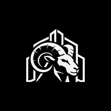 Ram Head Real Estate Logo Design with Building Skyline and Property Symbol