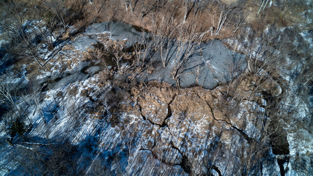A drone shot looking down at a massive woody beaver dam blocking a ravine creek, creating a large frozen wetland pond surrounded by bare winter sunlit trees.