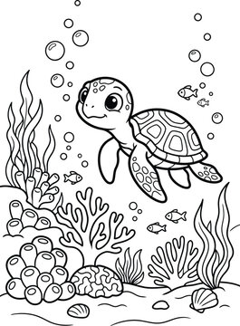 Smiling sea turtle swimming underwater with coral and fish
