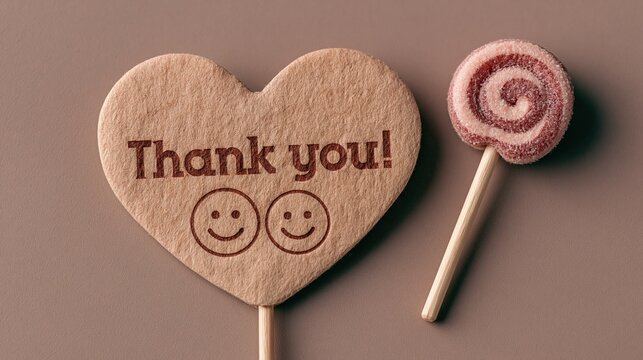 Heart shaped wooden tag printed with thank you text and happy smiley faces next to spiral striped candy lollipop on warm brown background showing gratitude and appreciation greeting concept