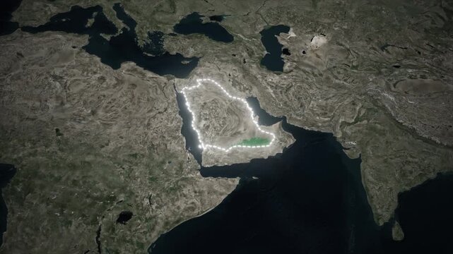 Saudi Arabia Satellite Map Zoom Animation with Glowing Border and National Flag Reveal