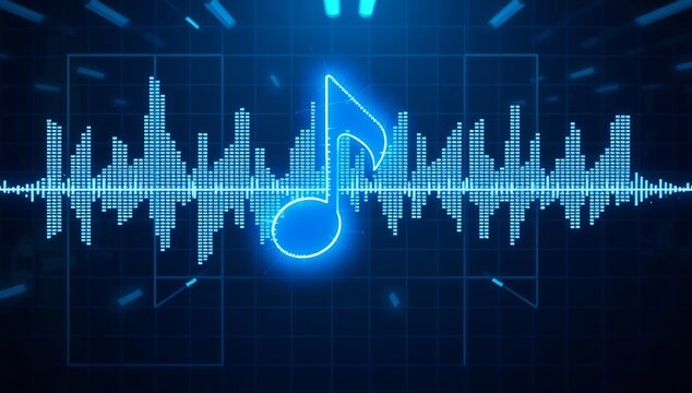Glowing blue musical note on a digital sound wave on a dark background