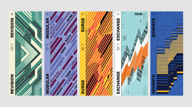 Abstract geometric banner set with futuristic glitch patterns, 5 modular vertical vector layouts, modern tech graphic backgrounds for web design