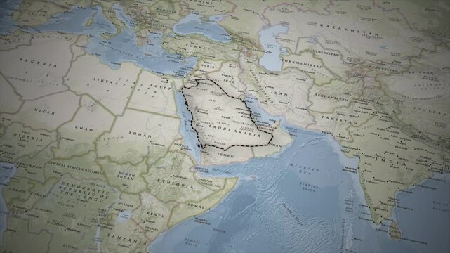 Animated Zoom Into Saudi Arabia on Vintage Map with Border Highlighted