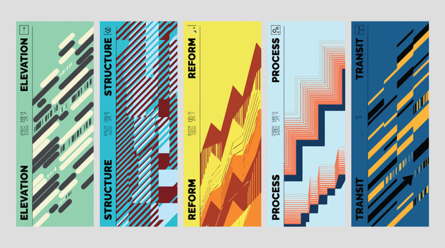 Abstract geometric banner set with elevation and structure motifs, modern business process and transit vector graphics, colorful vertical layout collection