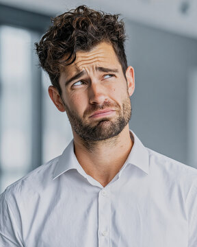 Confused businessman making a difficult decision in modern office with soft natural light and uncertain expression