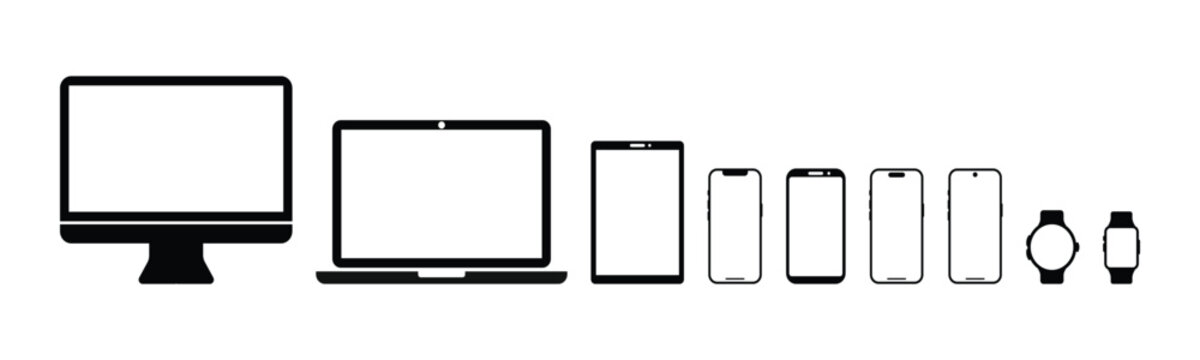 Vector illustration of various electronic devices silhouettes in black and white with blank screens to use in designing postar and advertise