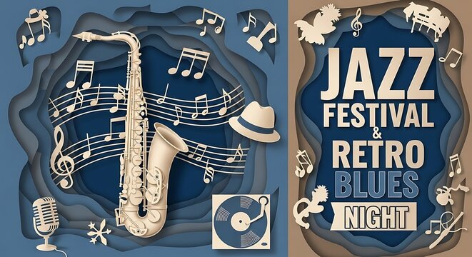 A blue poster with gold music notes and a saxophone