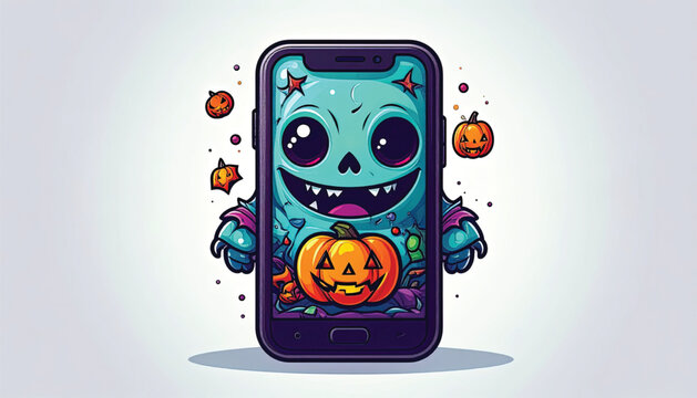 Halloween themed smartphone with skull on screen.