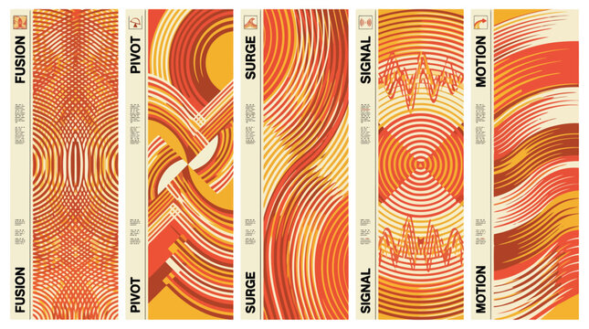 Retro geometric abstract banners with 5 vertical panels, orange and yellow wavy line patterns, vintage fusion pivot surge signal motion graphics