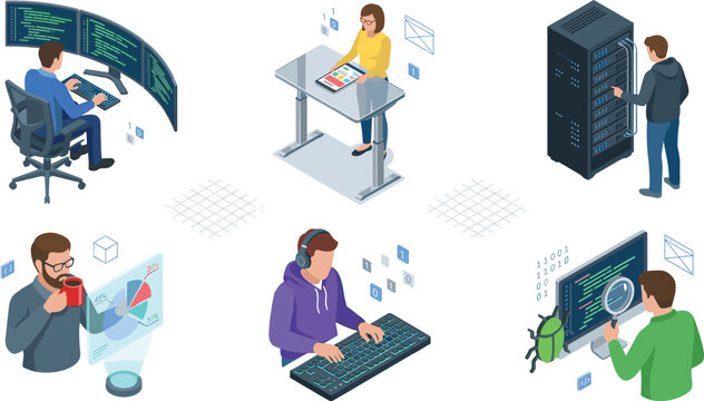 Information technology and software deve featuring professional comput administration debugging office workflow vector illustrations