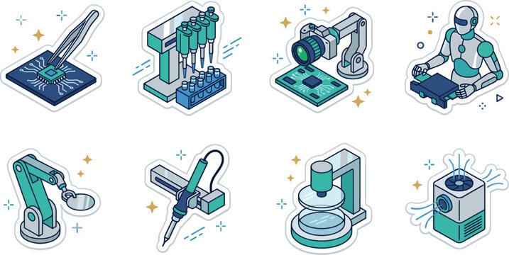 Isometric high tech electronics manufacturing and laboratory automation sticker icon set featuring robotic arms microchip assembly soldering pipette machine vision and humanoid robot vector.