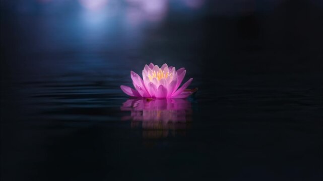 Pink lotus flower or waterlily on blue background. Slowmotion