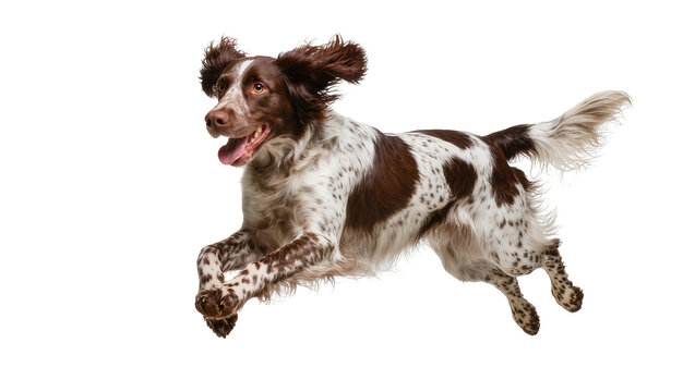 Brown and white English Springer Spaniel dog running mid-air
