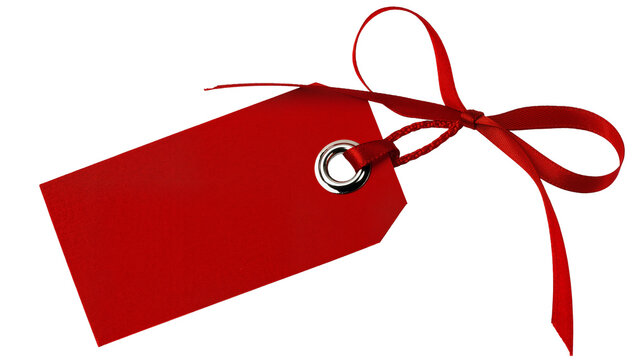 Red gift tag with ribbon bow and metal grommet