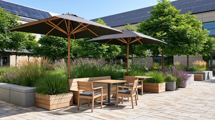 Modern courtyard seating area with umbrellas and lush greenery on a sunny day