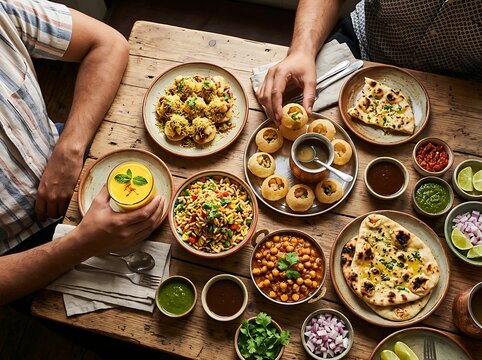 Overhead view of a diverse indian cuisine spread with naan chole bhel puri and refreshing beverages