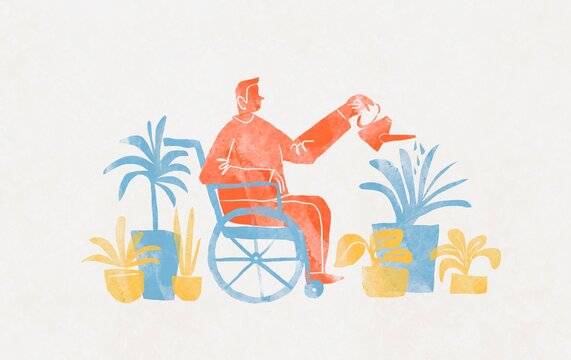 Person in Wheelchair Watering Houseplants &ndash; Everyday Life Concept