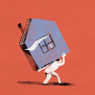 Woman Carrying Heavy House &ndash; Housing Crisis Concept