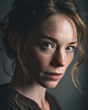 Serious mature woman with freckles and expressive eyes in a dark indoor setting with dramatic side lighting