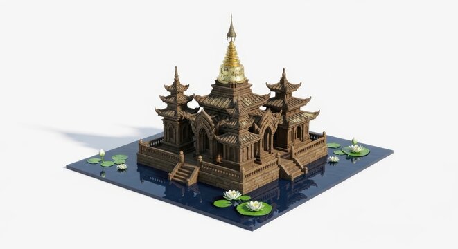 Exotic Temple Model in Water with Lotus Flowers, Peaceful Asian Architecture Scene