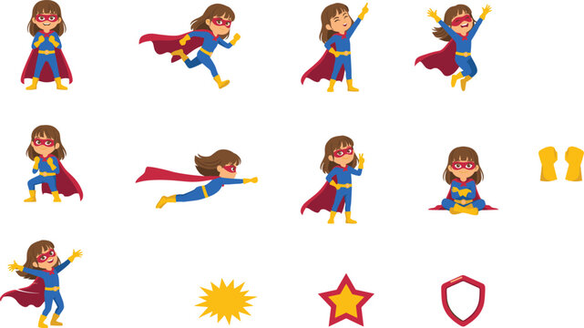 Cute Little Girl Superhero Character Vector Icon Set Featuring Various Poses Flying Running Standing and Jumping in Blue Suit and Red Cape